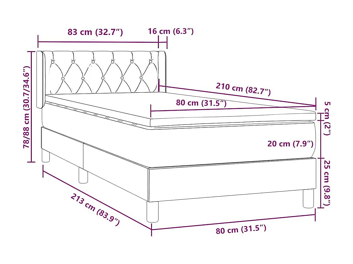 Cama box spring con colchón terciopelo gris oscuro 80x210 cm