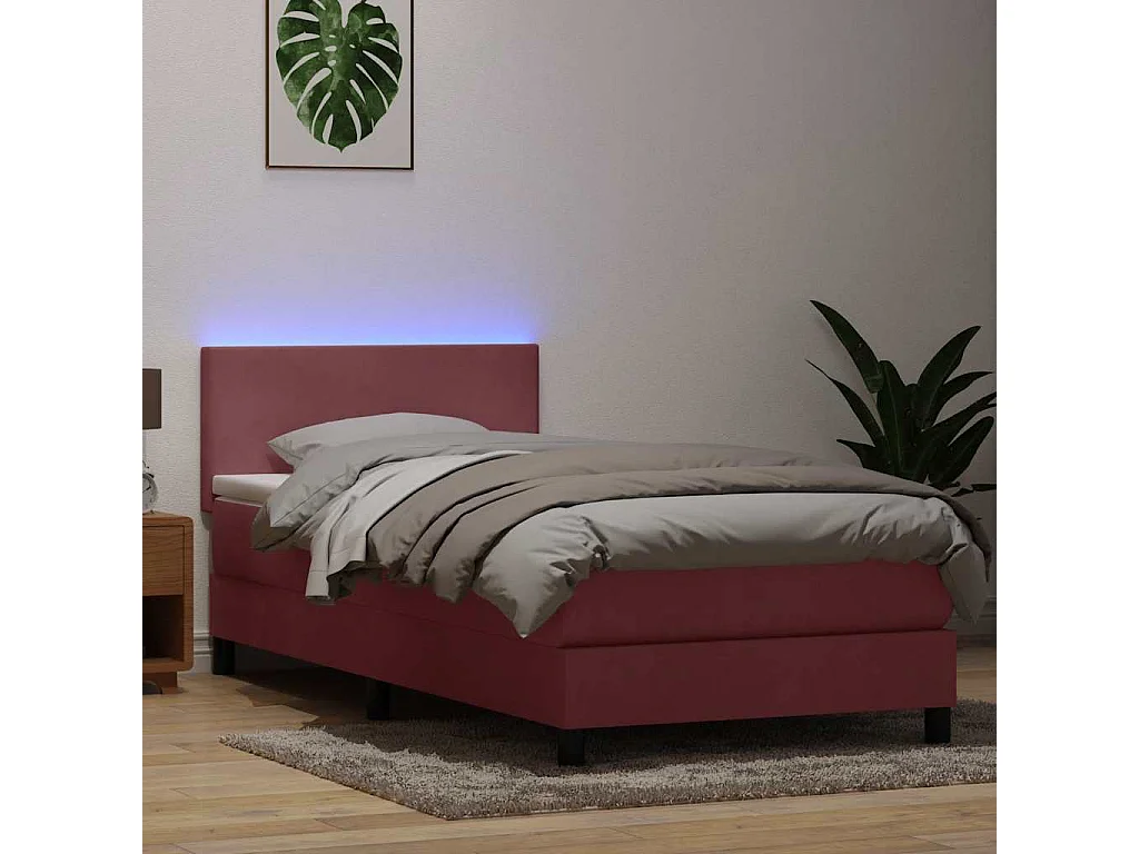 Sommier à lattes de lit avec matelas et LED rose 80x220 cm velours