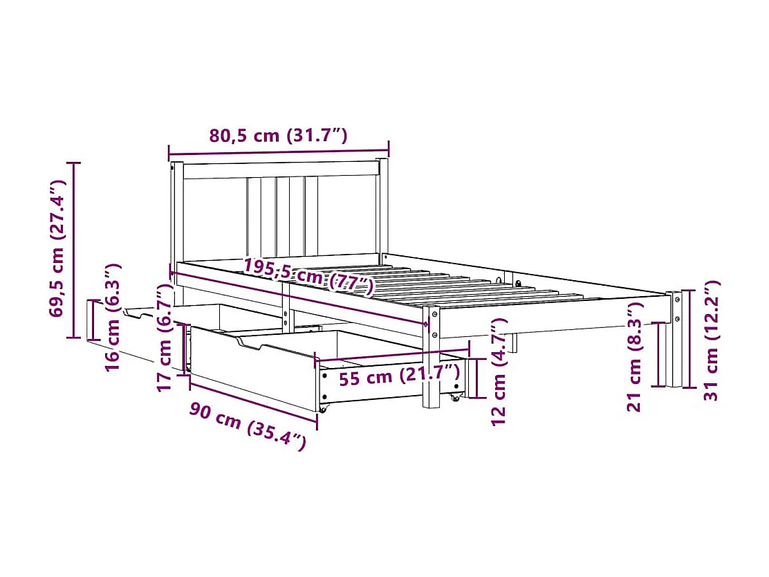Cadre de lit sans matelas 75x190 cm bois de pin massif