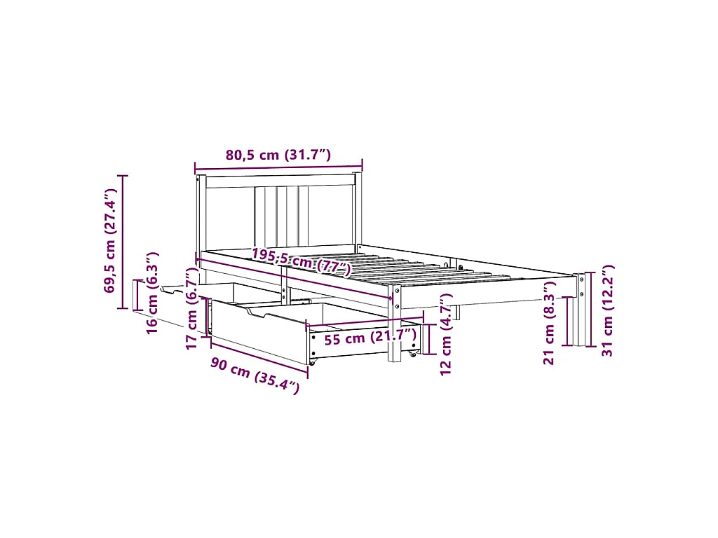 Letto senza Materasso 75x190 cm in Legno Massello Pino