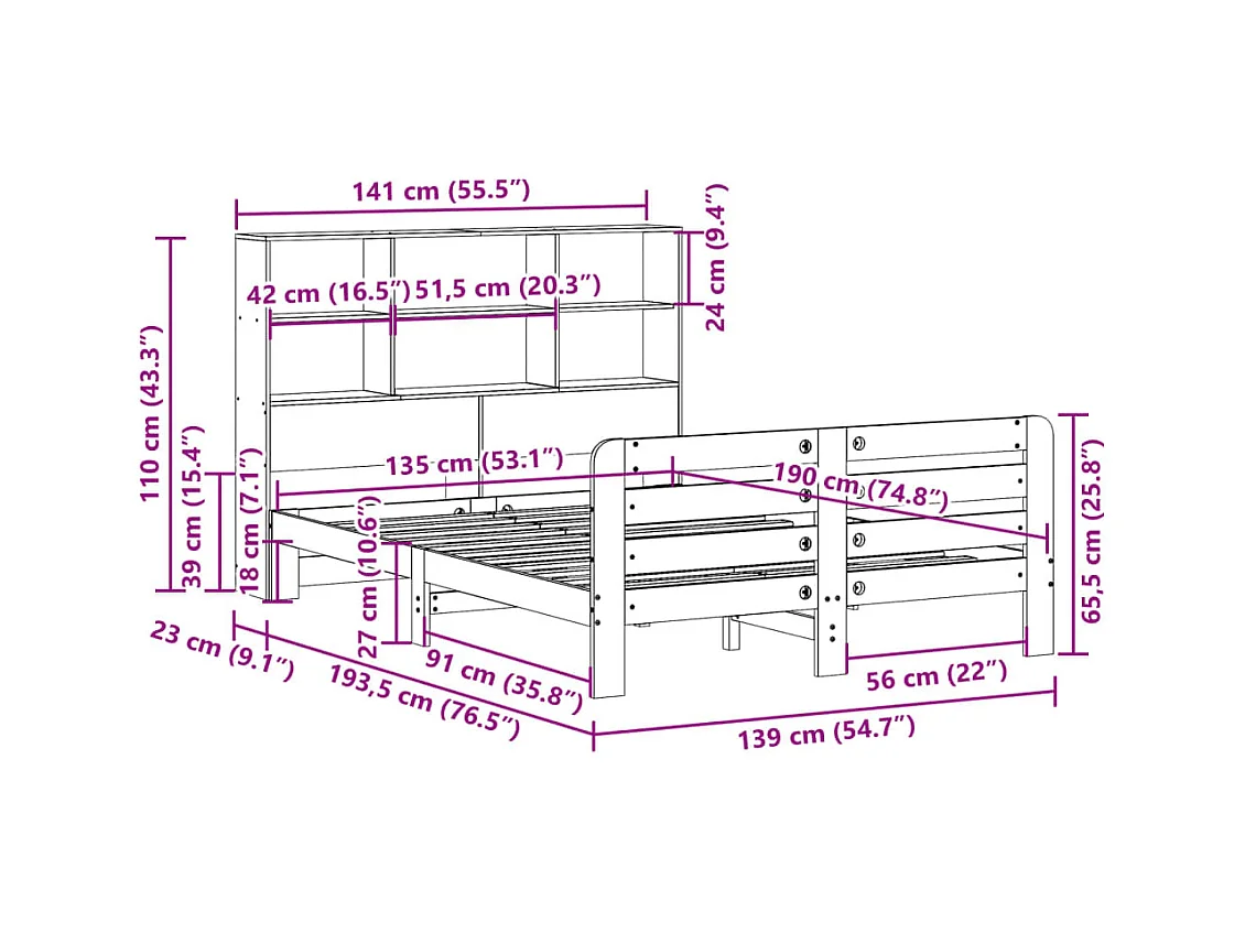 Cadre de lit sans matelas cire marron 135x190cm bois pin massif