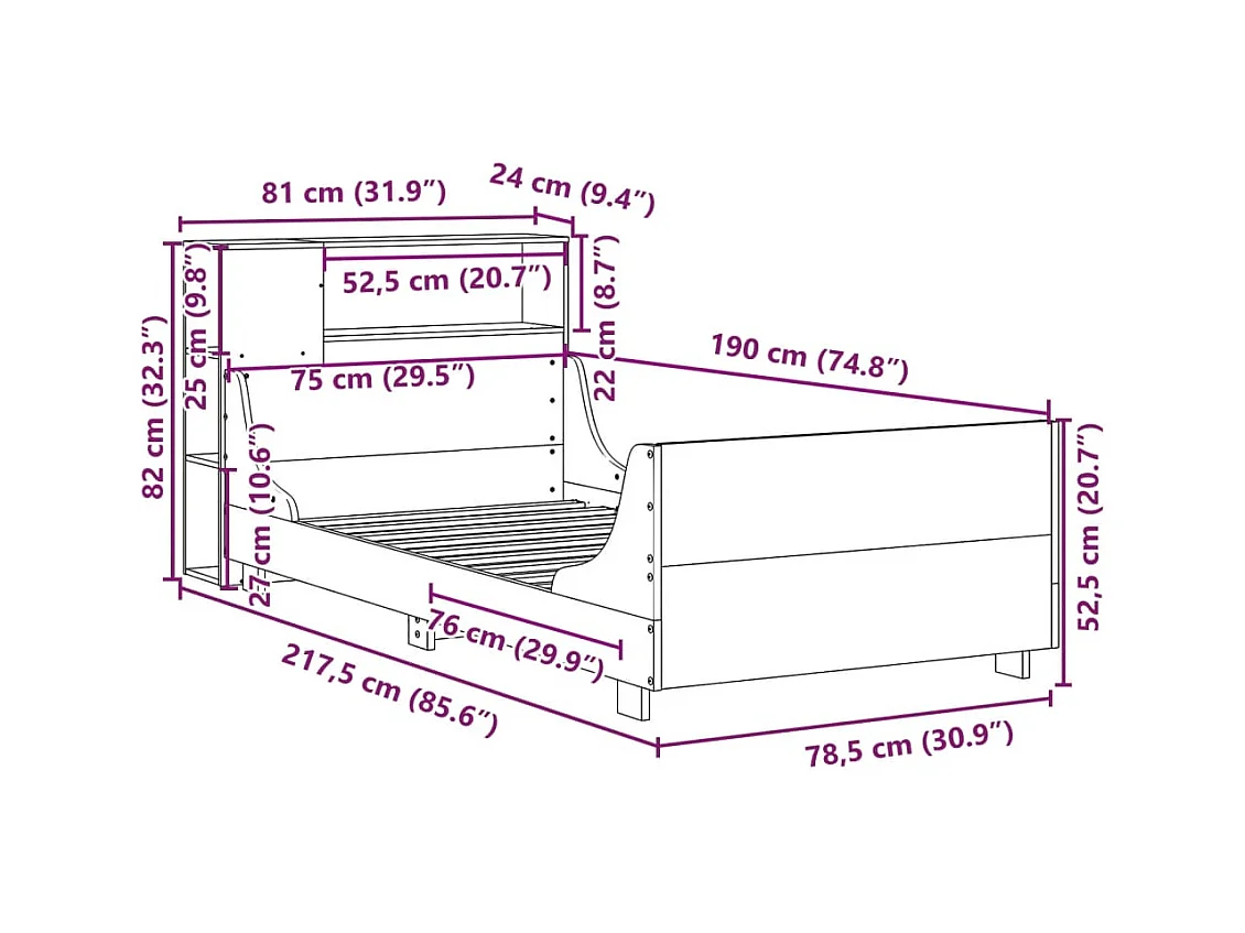 Bedframe zonder matras massief grenenhout 75x190 cm