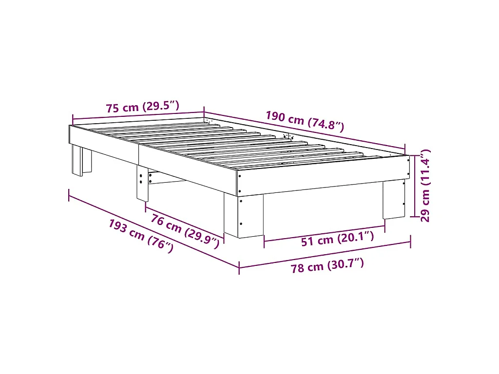 Cadre de lit sans matelas 75x190 cm bois massif de chêne