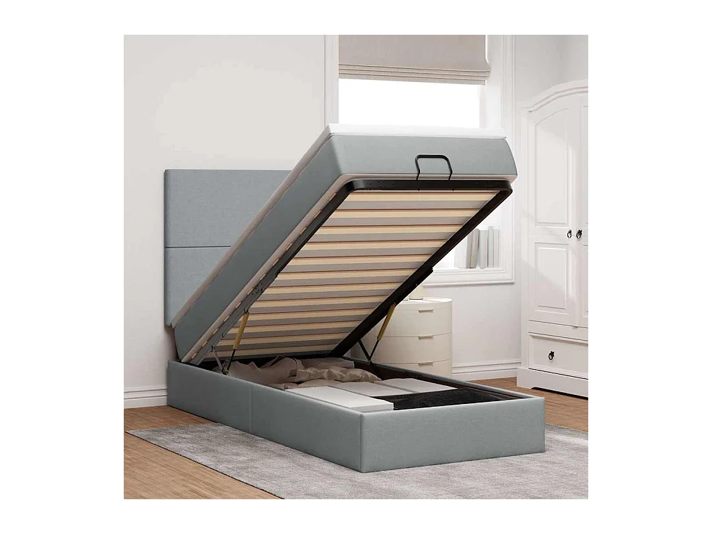 Lit ottoman avec matelas et LED Gris clair 80x200cm tissu