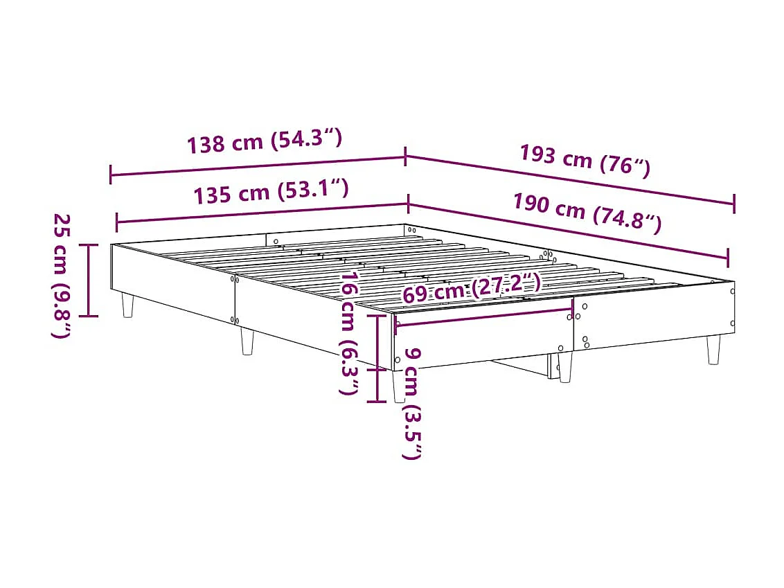 Cadre de lit sans matelas vieux bois 135x190 cm bois ingénierie