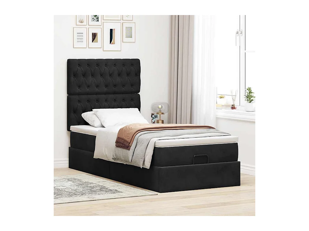 Struttura Letto Pouf con Materassi Nero 80x200 cm in Velluto