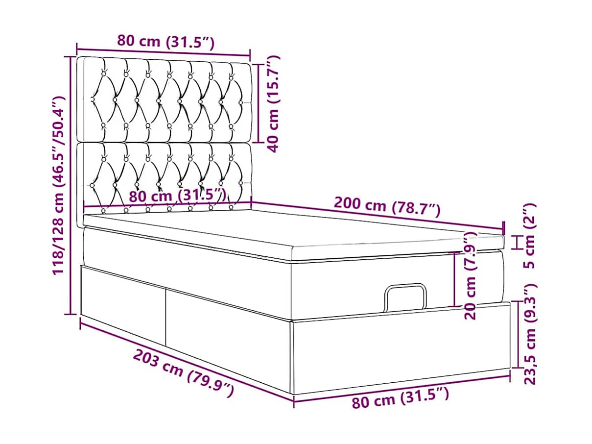 Cadre de lit ottoman avec matelas noir 80x200 cm velours