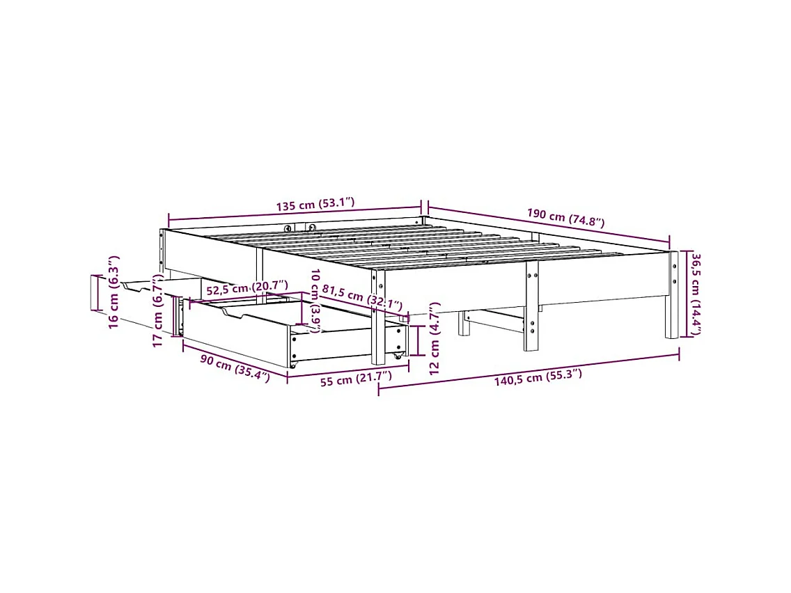 Cadre de lit sans matelas blanc 135x190 cm bois de pin massif