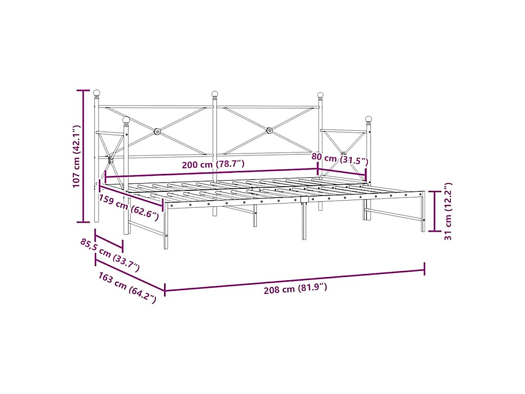 Slaapbank met onderschuifbed zonder matras 80x200cm staal zwart