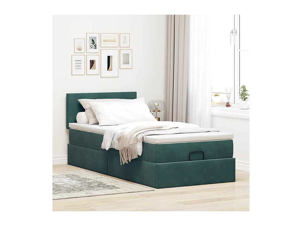 Lit ottoman avec matelas et LED Vert foncé 80x200cm velours