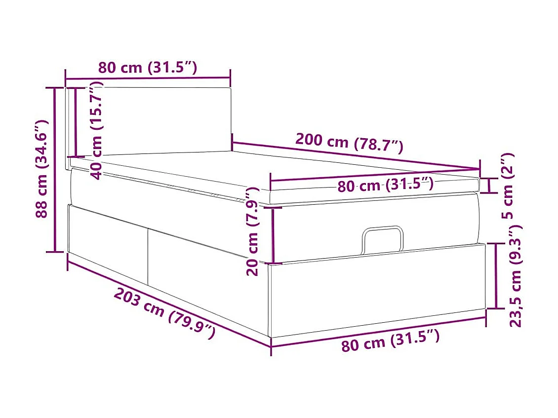 Cama otomana con colchón y LED terciopelo verde oscuro 80x200cm