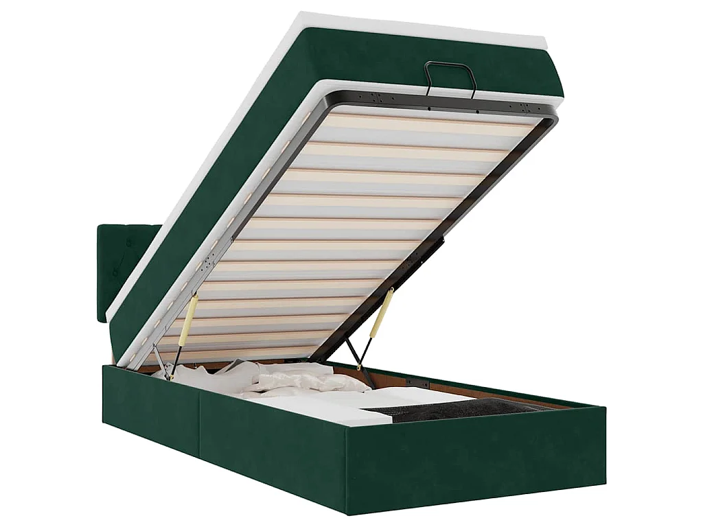 Estructura de cama otomana con colchón terciopelo verde oscuro