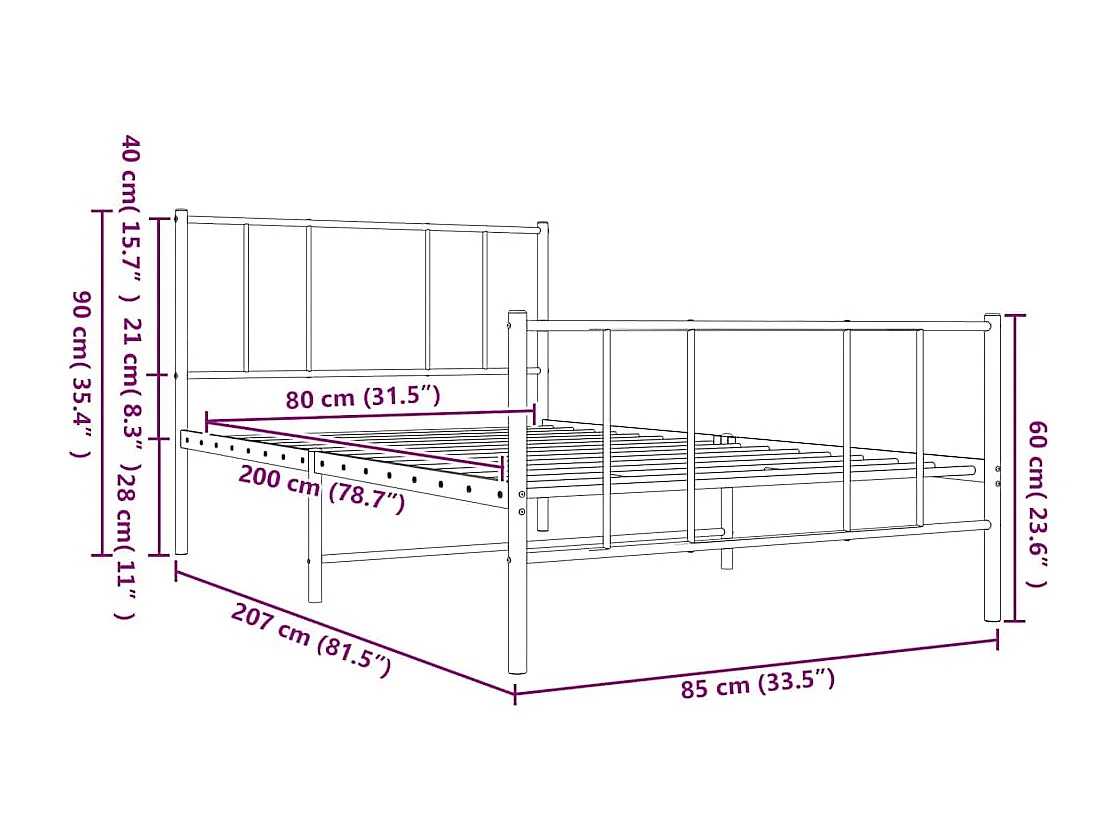 Cadre de lit métal sans matelas avec pied de lit noir 80x200 cm