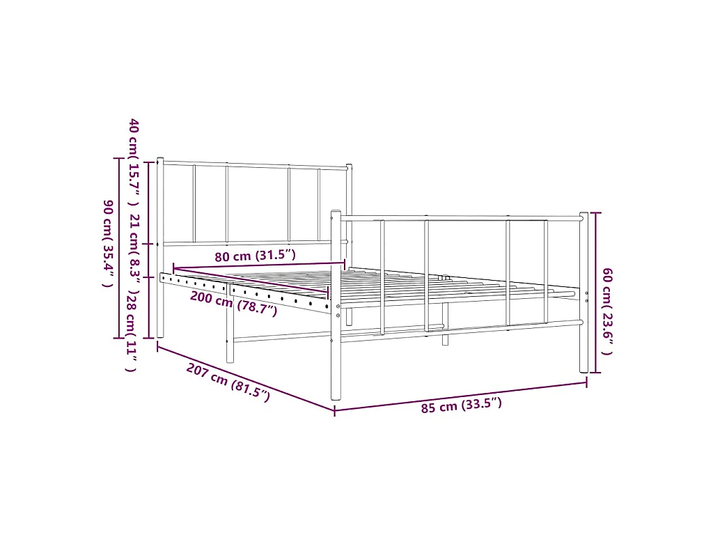 Cadre de lit métal sans matelas avec pied de lit noir 80x200 cm