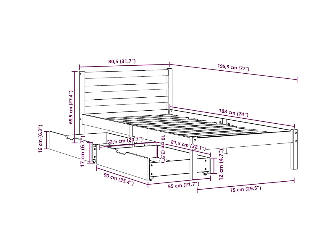 Cadre de lit sans matelas blanc 75x190 cm bois de pin massif