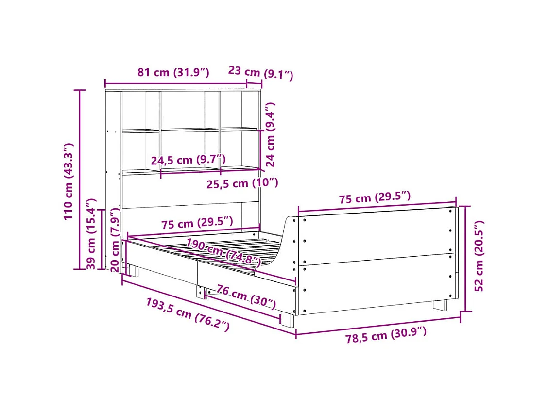 Cadre de lit sans matelas cire marron 75x190 cm bois pin massif