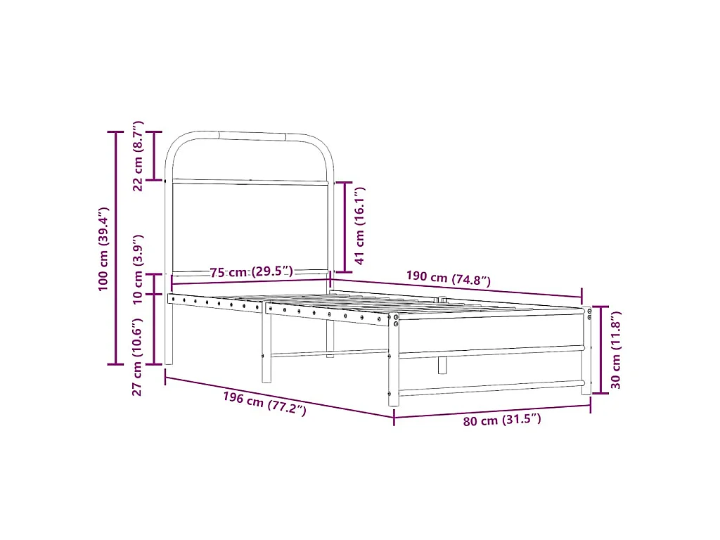 Cadre de lit sans matelas chêne fumé 75x190cm bois d'ingénierie