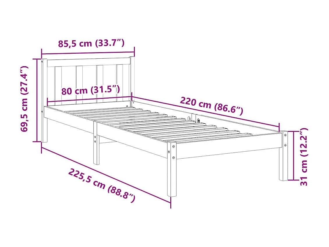 Cadre de lit extra long sans matelas 80x220 cm bois massif pin