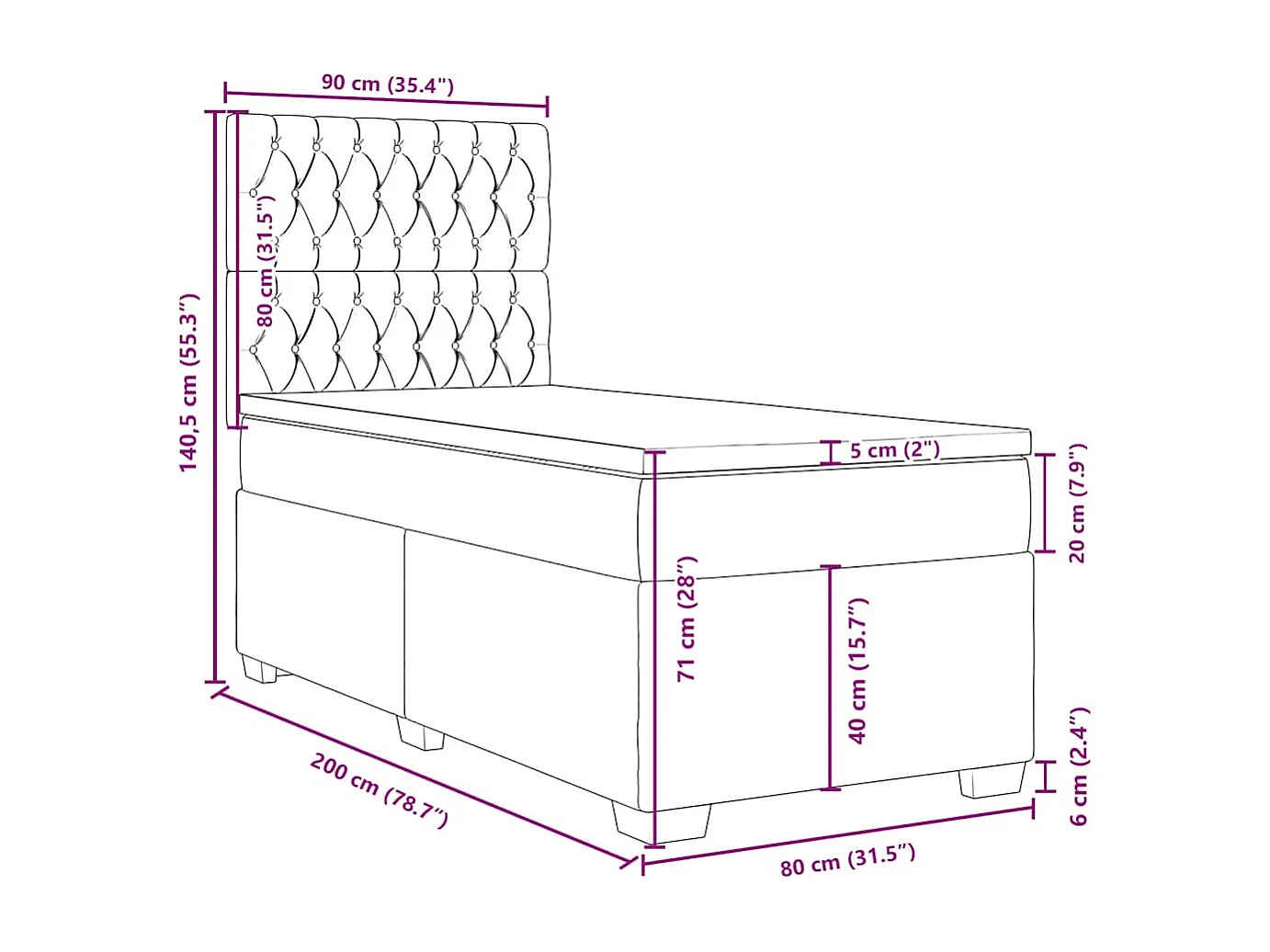 Cama boxspring com colchão 80x200 cm veludo azul