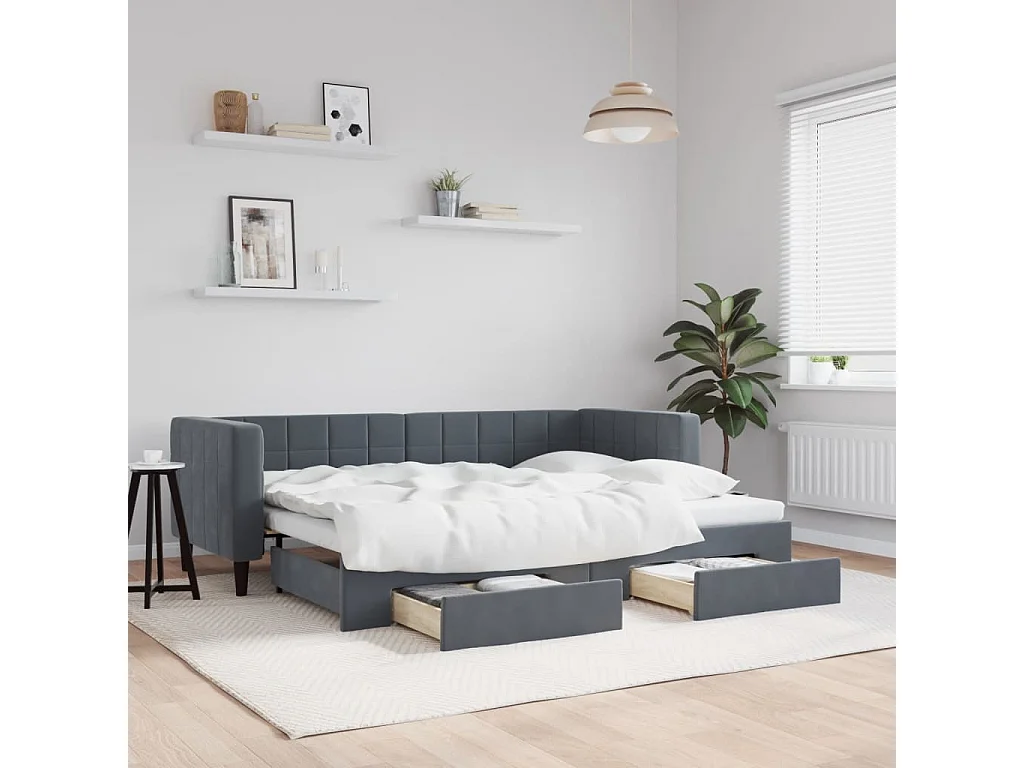 Divano Letto Estraibile Cassetti Grigio Scuro 80x200cm Velluto