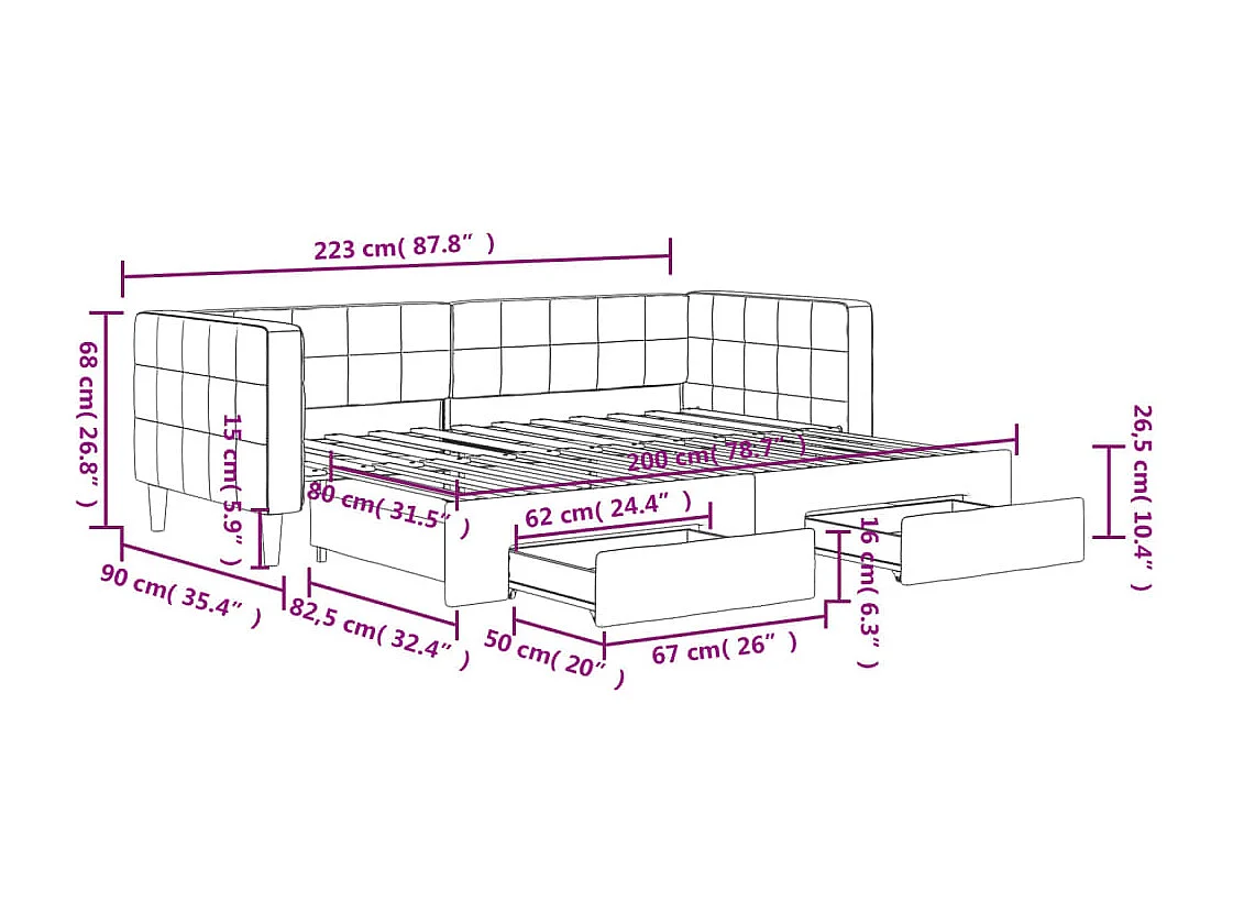 Divano Letto Estraibile Cassetti Grigio Scuro 80x200cm Velluto