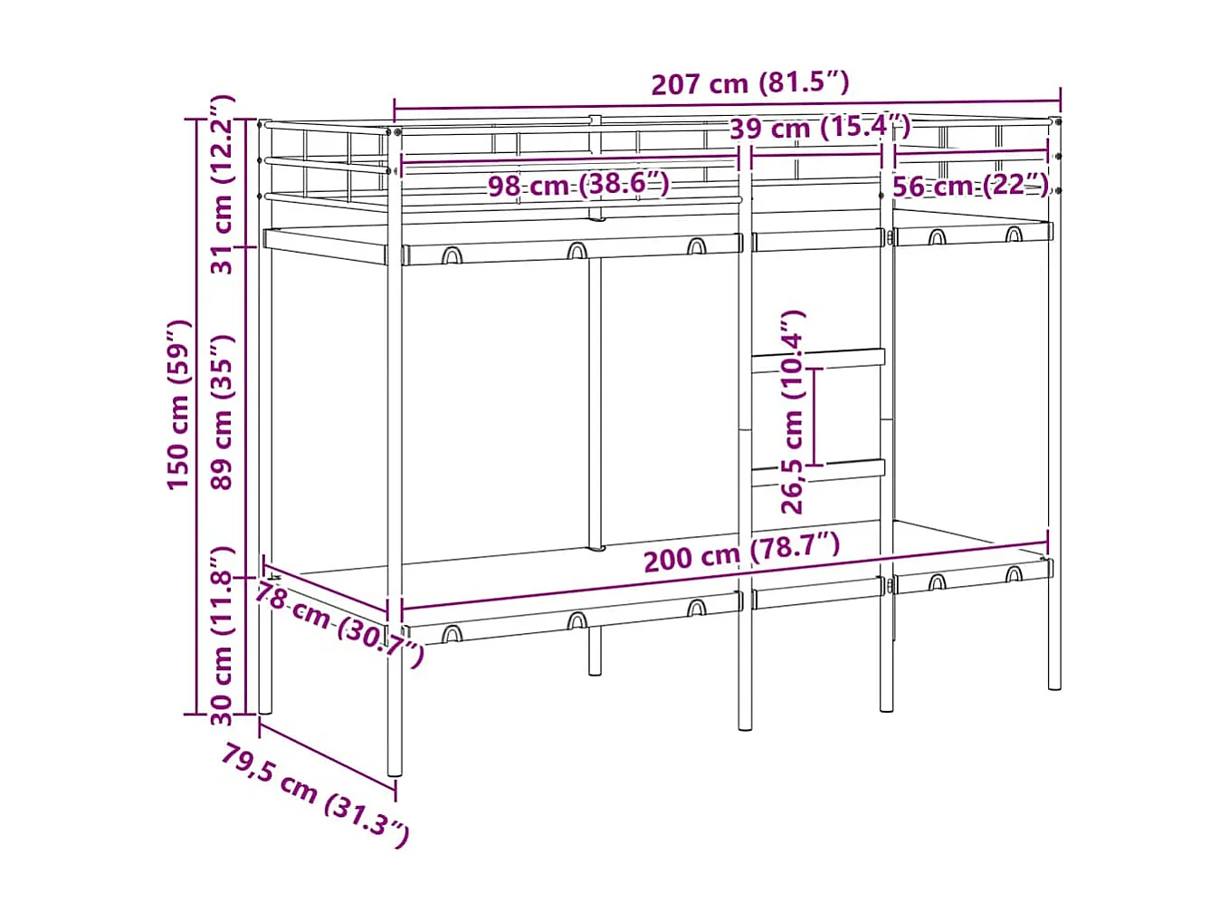 Stapelbed zonder matras 80x200 cm staal wit