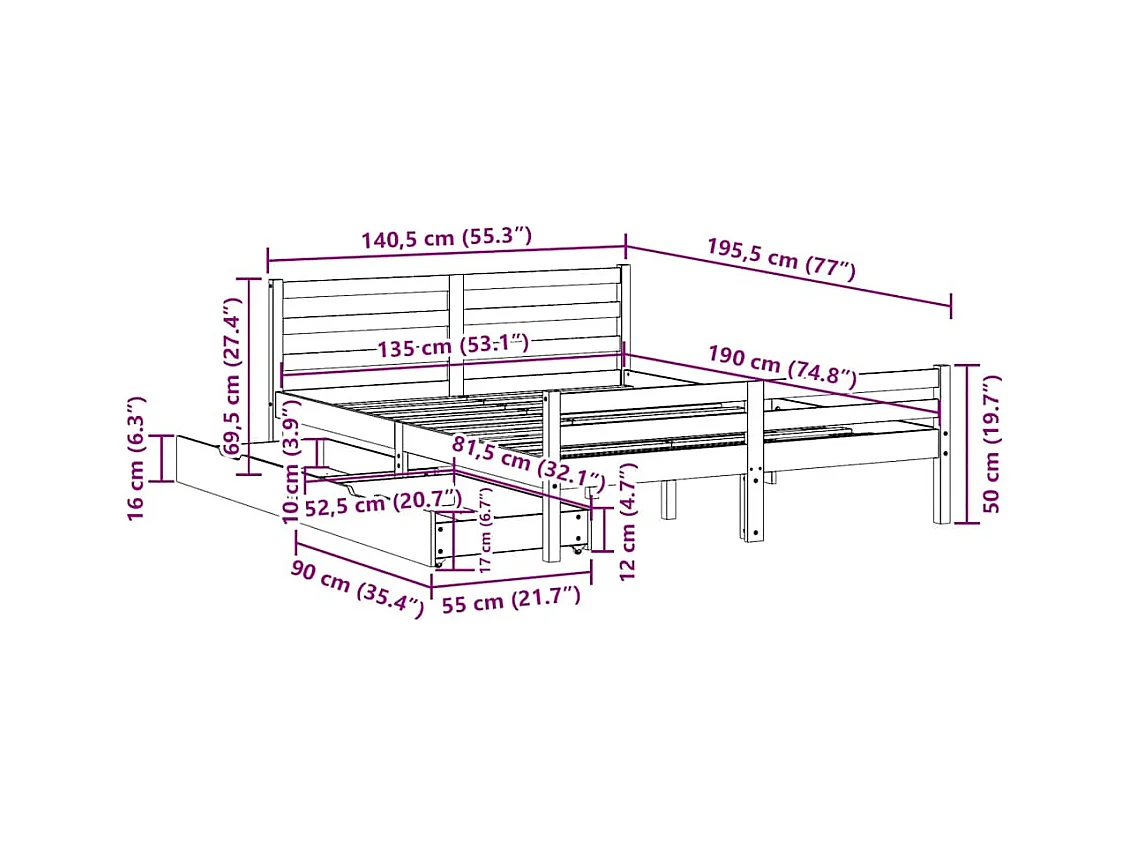 Cadre de lit sans matelas blanc 135x190 cm bois de pin massif