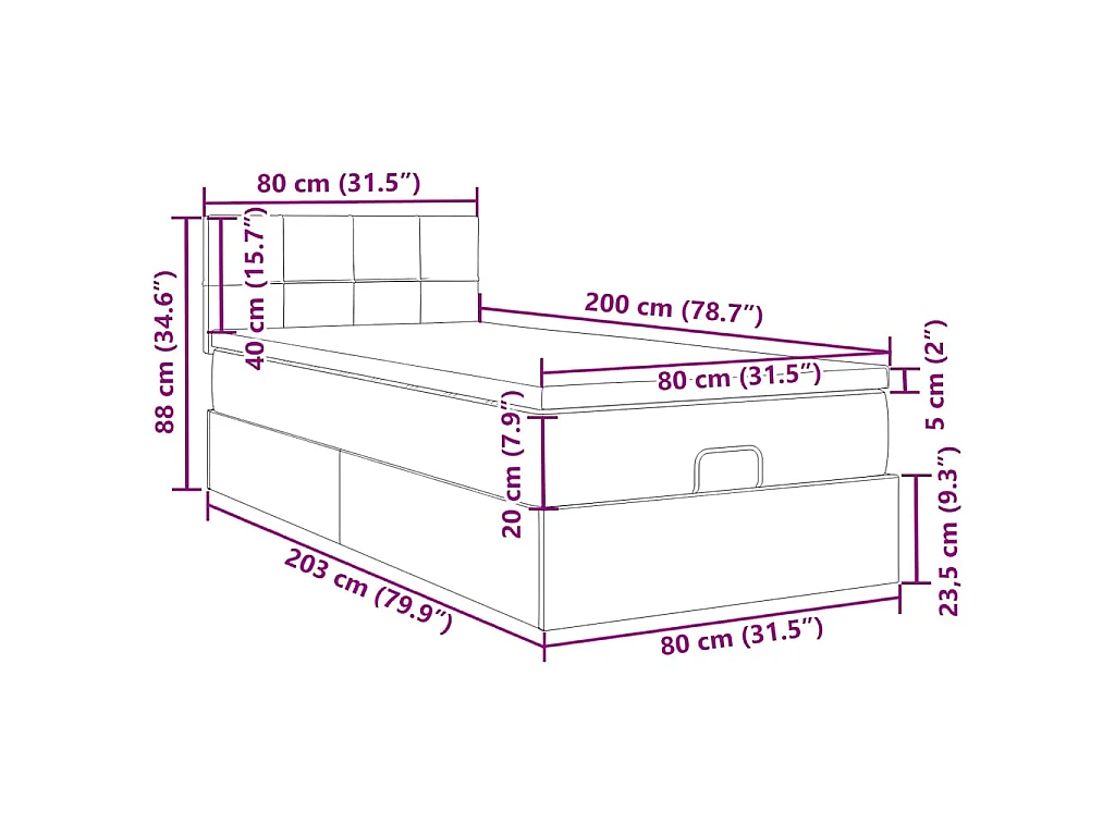 Estructura cama otomana colchón terciopelo gris claro 80x200cm