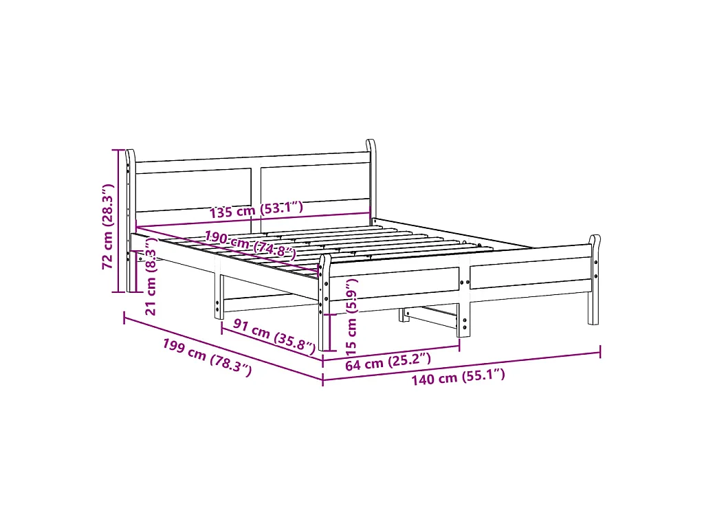 Letto senza Materasso 135x190 cm in Legno Massello di Pino