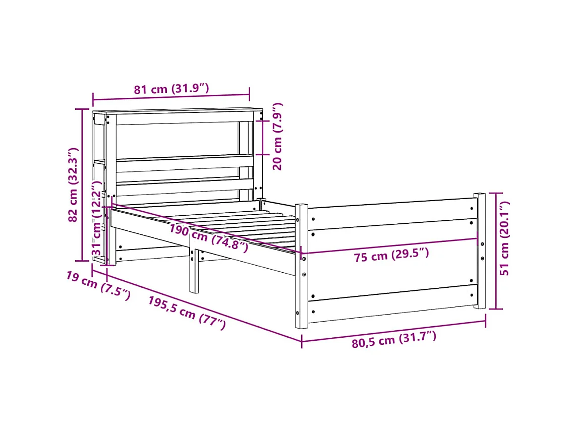 Estrutura de cama com cabeceira 75x190 cm pinho maciço