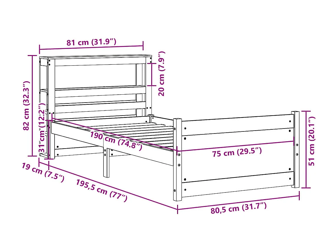 Bedframe met hoofdbord massief grenenhout 75x190 cm