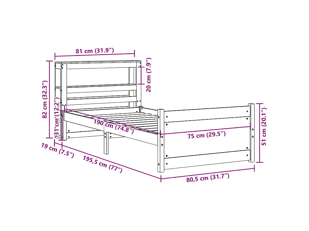 Cadre de lit avec tête de lit sans matelas 75x190 cm