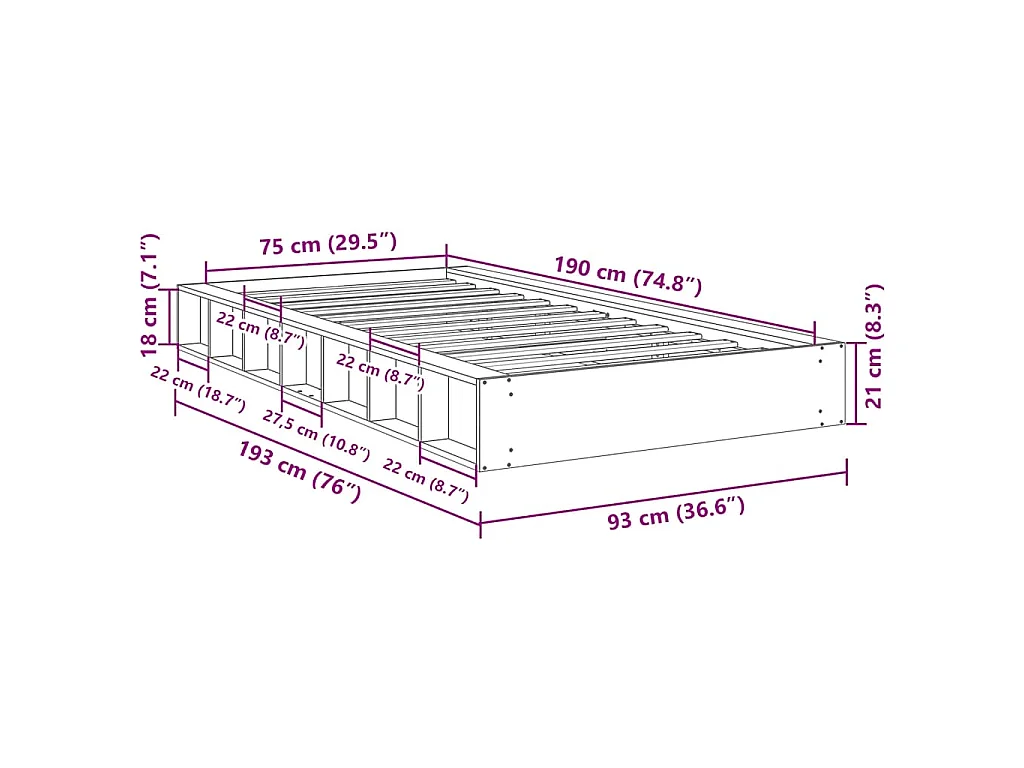 Bedframe zonder matras 75x190 cm massief hout eiken