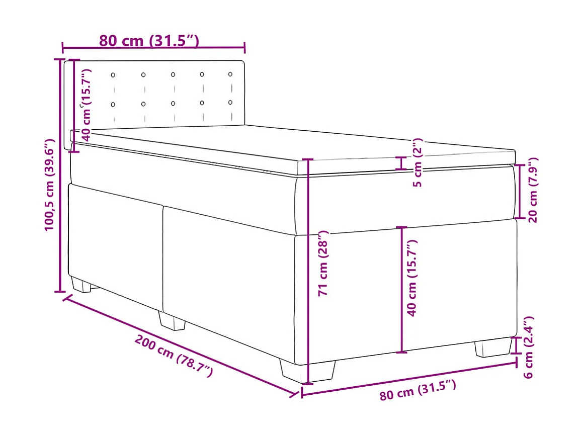 Cama box spring con colchón tela gris oscuro 80x200 cm