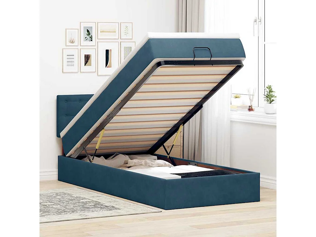 Estrutura cama otomana colchão 80x200 cm veludo azul escuro