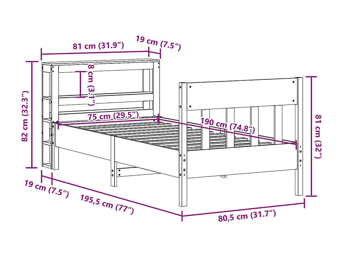 Cadre de lit sans matelas 75x190 cm bois de pin massif