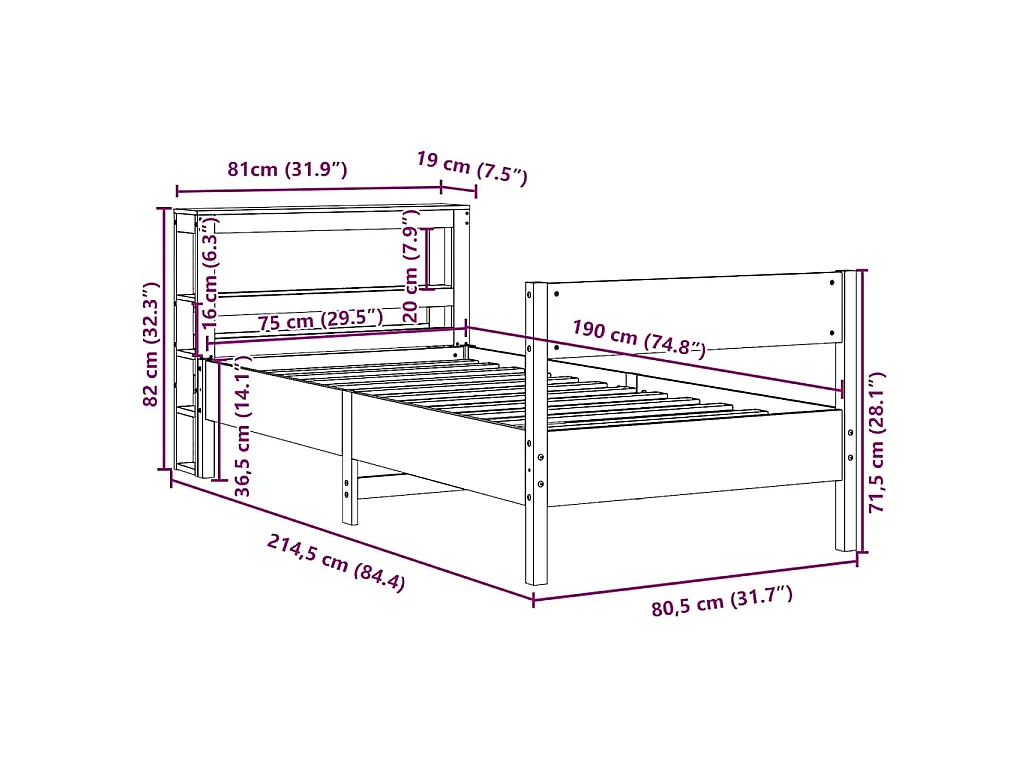 Cadre de lit sans matelas 75x190 cm bois de pin massif
