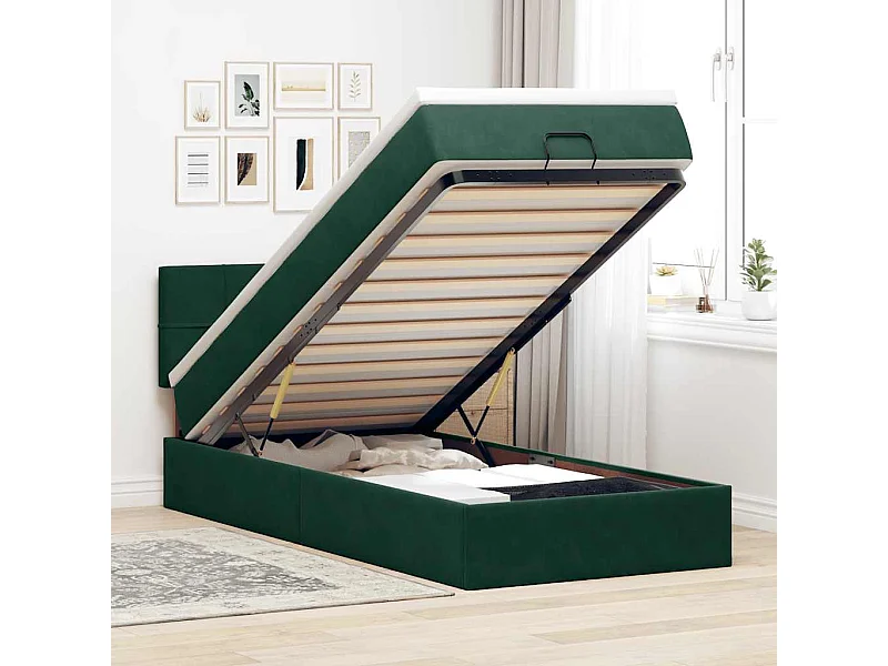 Cadre de lit ottoman avec matelas vert foncé 80x200 cm velours