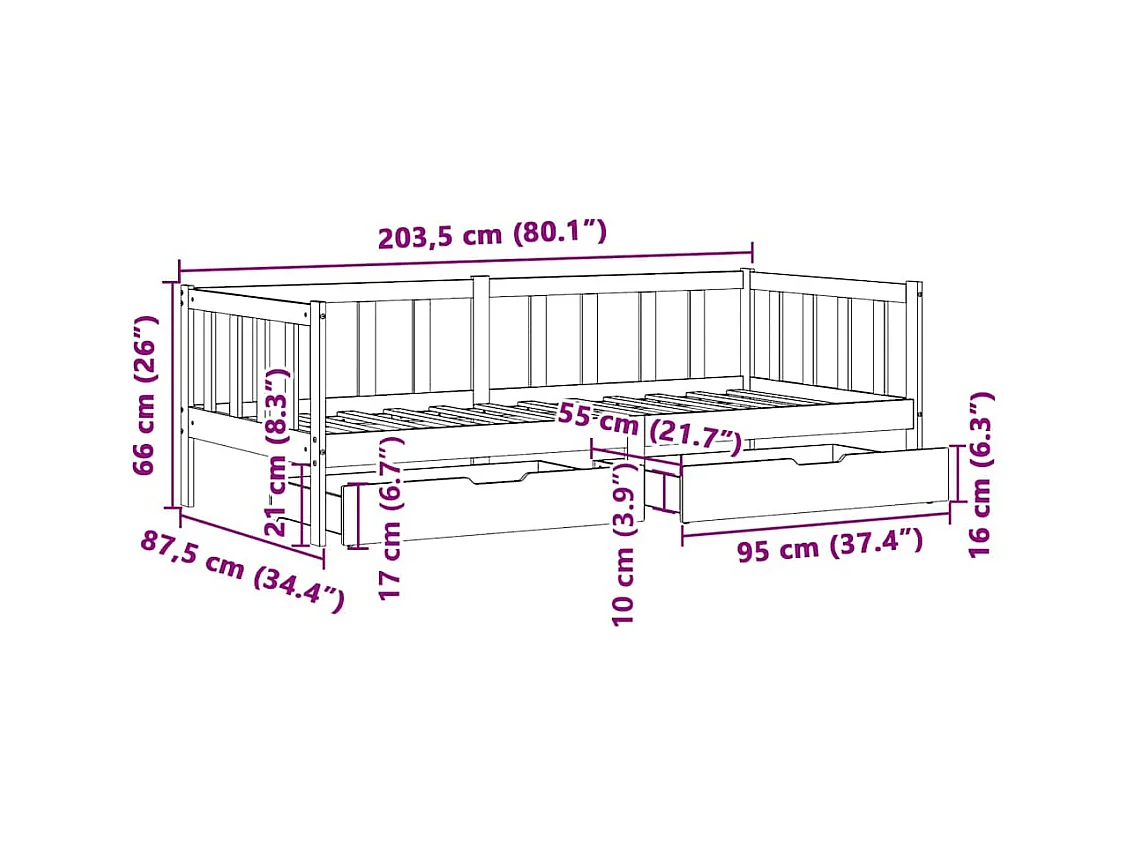 Lit de jour avec tiroirs sans matelas 80x200 cm bois massif