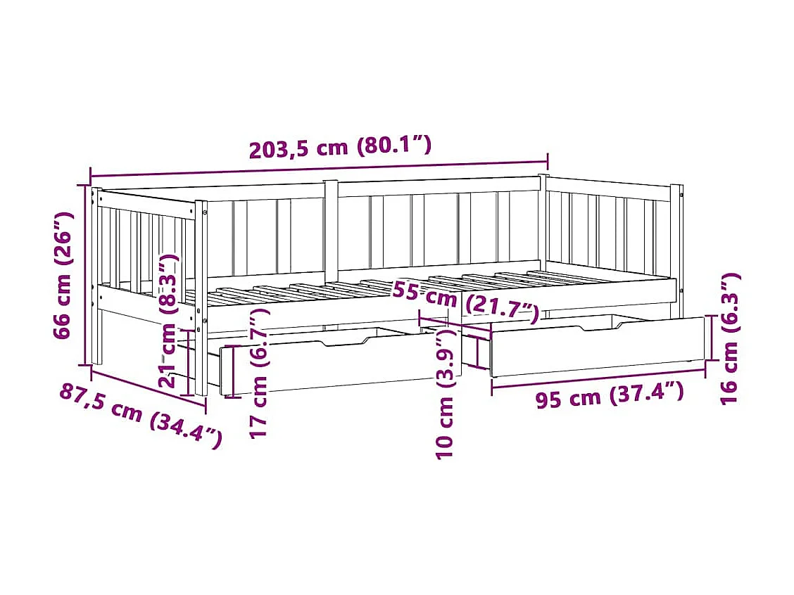 Lit de jour avec tiroirs sans matelas 80x200 cm bois massif