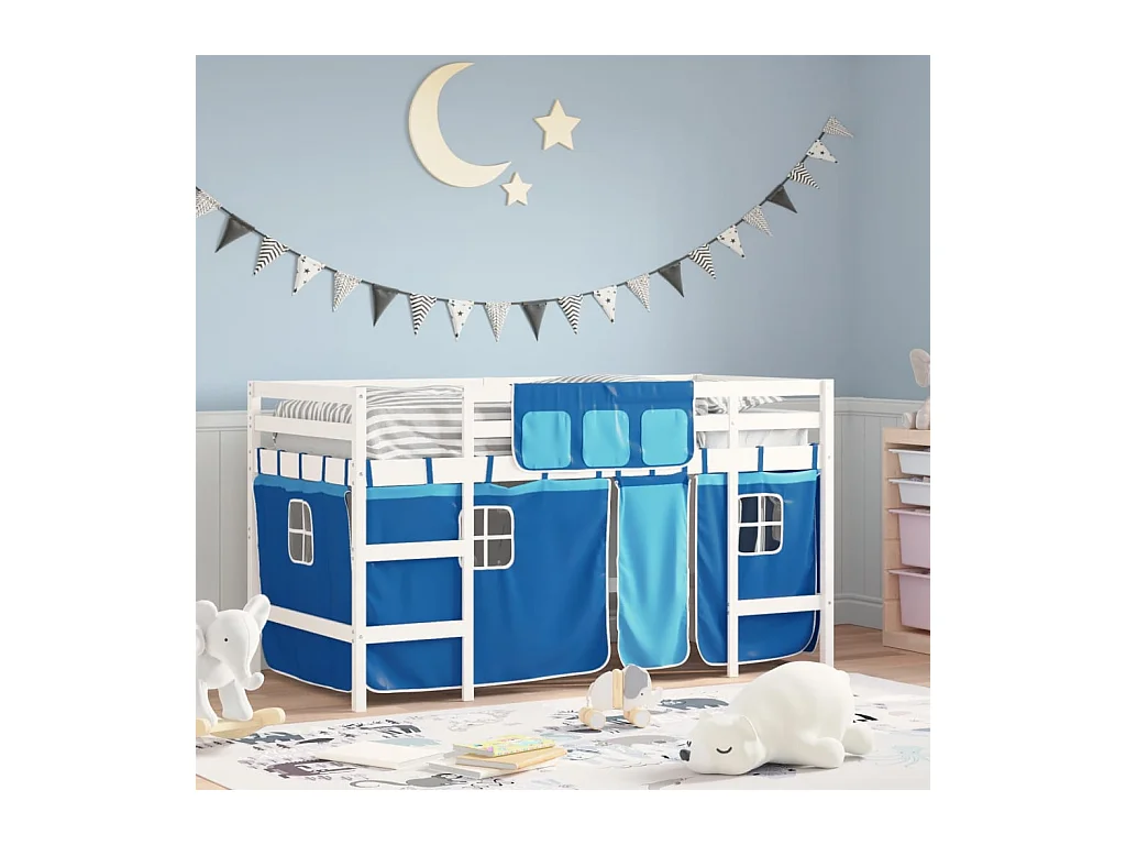 Lit mezzanine enfants avec rideaux sans matelas bleu 80x200cm