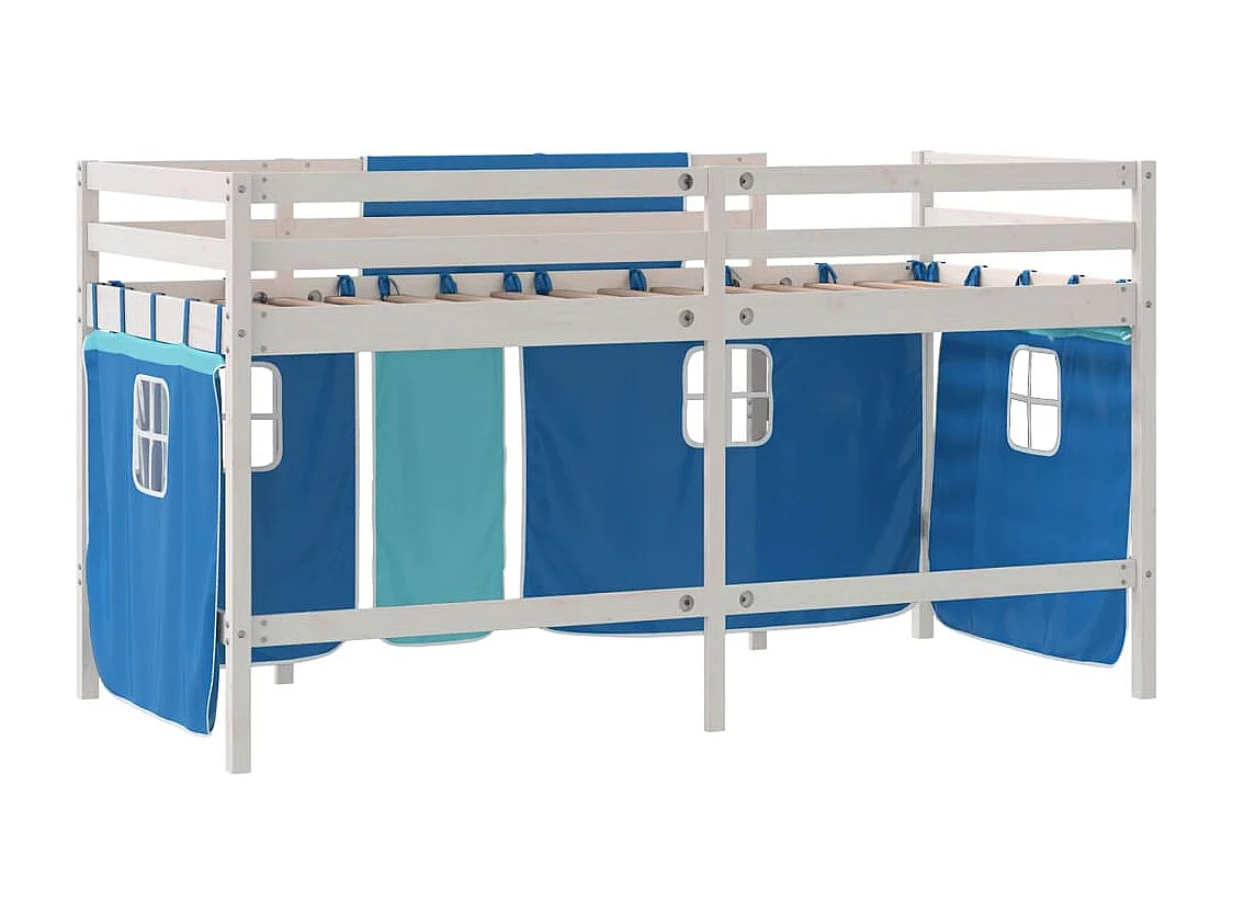 Lit mezzanine enfants avec rideaux sans matelas bleu 80x200cm