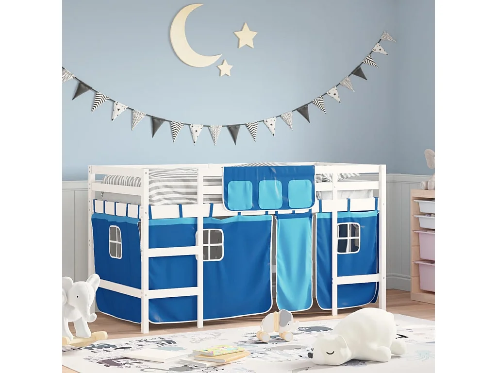 Cama alta p/ criança c/ cortinas 80x200 cm pinho maciço azul