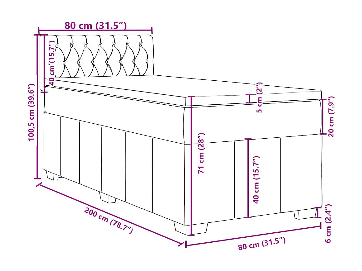 Cama box spring con colchón tela negro 80x200 cm