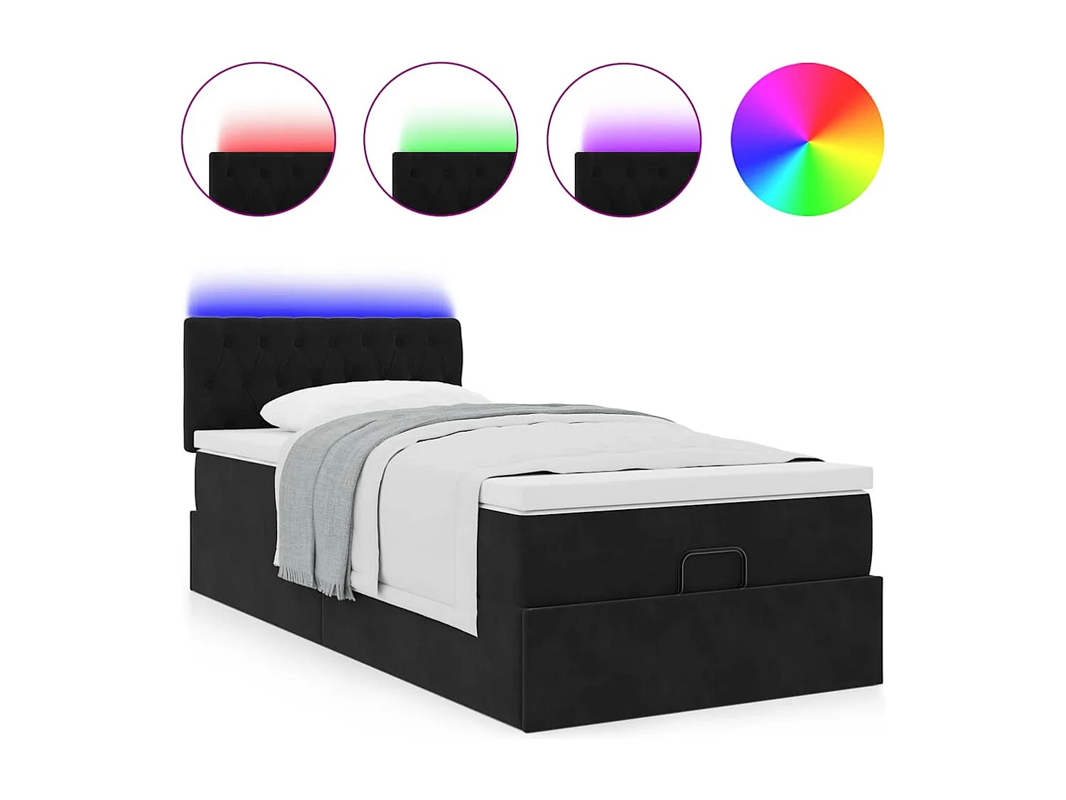 Cama otomana con colchón y luces LED terciopelo negro 80x200cm
