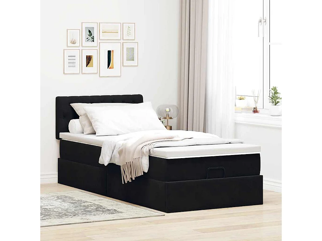 Cama otomana con colchón y luces LED terciopelo negro 80x200cm
