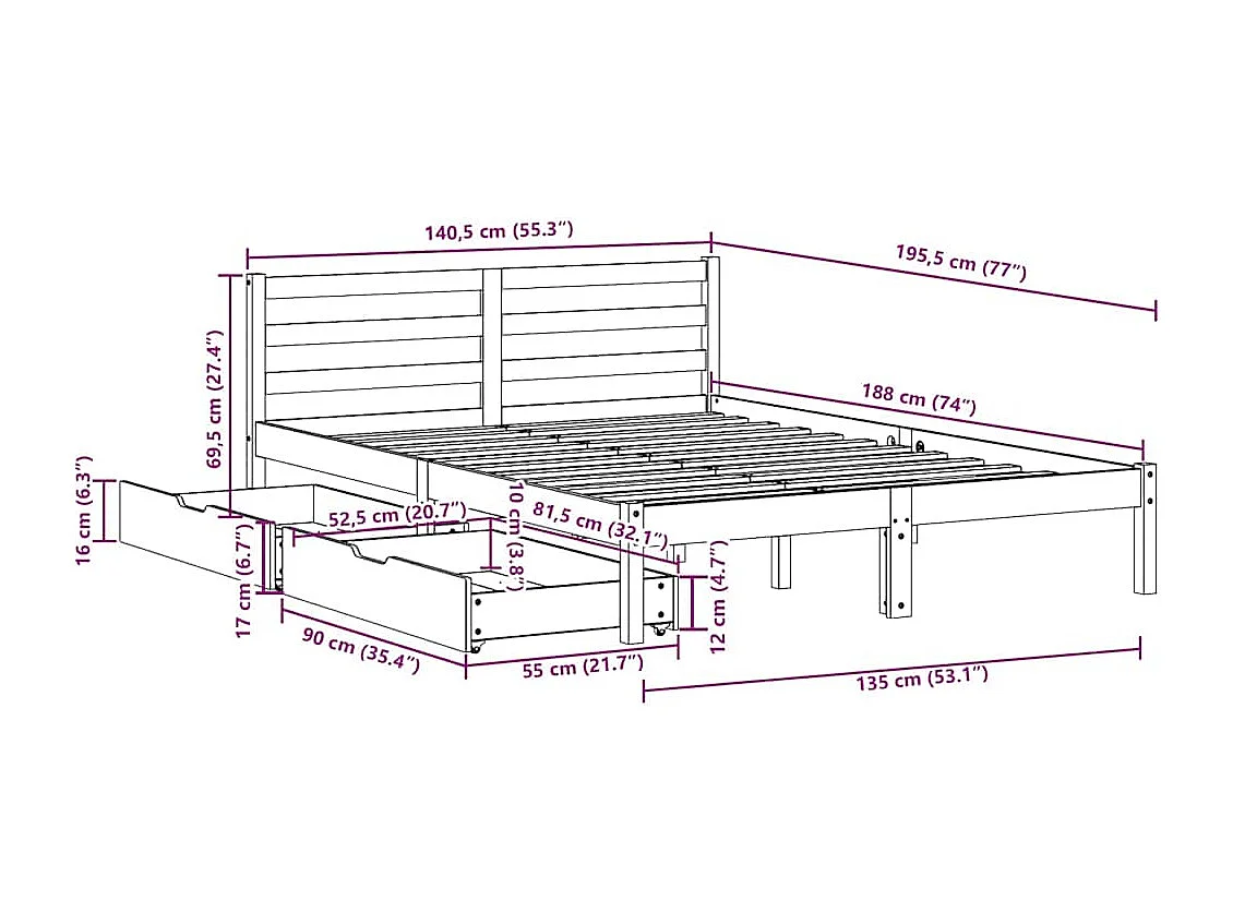 Massivholzbett ohne Matratze 135x190 cm Kiefernholz