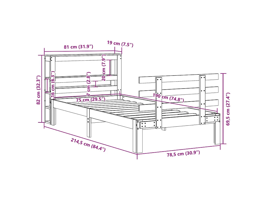 Bettgestell mit Kopfteil ohne Matratze Wachsbraun 75x190 cm