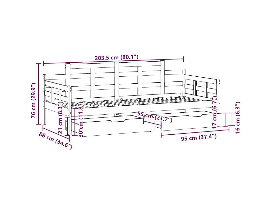 Lit de jour avec tiroirs sans matelas 80x200 cm bois massif