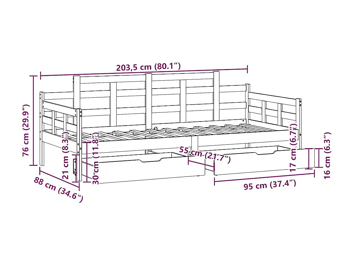 Lit de jour avec tiroirs sans matelas 80x200 cm bois massif